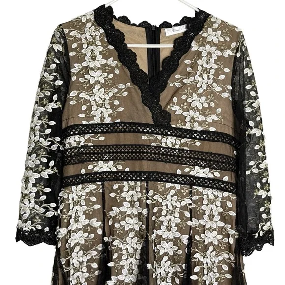 Shiran Fushi Floral Lace Black White Long Sleeve Midi Party Cocktail Dress L/XL - Picture 2 of 11